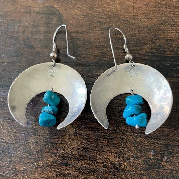 VNT 80’s  set of 2 Sterling Moon  Turquoise and Abstract Swirl Earrings Stamped - Picture 7 of 7